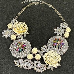 Floral Crystal Statement Necklace - Ivory & Multicolor